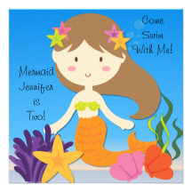 Brunette  Mermaid Custom Birthday Invitation