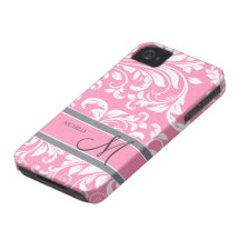 Bubblegum Pink and white floral damask w/ monogram iPhone 4 Case-Mate Case