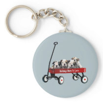 Bulldog Puppies In Wagon Keychain