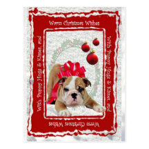 Bulldog Puppy Hugs & Kisses and Christmas Wishes Post Card