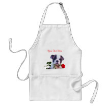 Bulldog Puppy Red Rose Valentine Design aprons