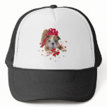 Bulldog puppy with red bow and candy cane mesh hats