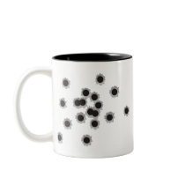 Bullet holes from a rifle or gun, possibly shotgun coffee mugs