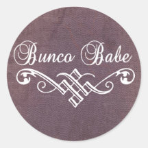 bunco babe with white lettering and purple leather stickers