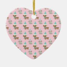 Bunnies and Reindeer over Pale Pink Holiday Art Ornaments