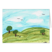 Bunnies on Hill watercolor card