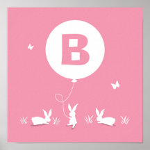 BUNNY BALLOON PINK | personalized kids wall art Print