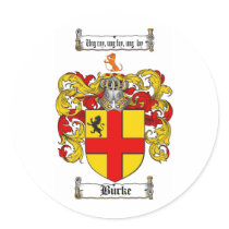 BURKE FAMILY CREST -  BURKE COAT OF ARMS ROUND STICKER