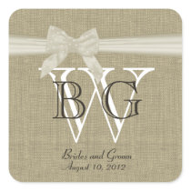 Burlap and Bow Monogram Square Stickers