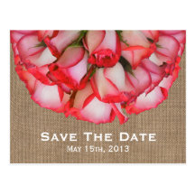 Burlap Inspired Pink Roses Save The Date Postcard