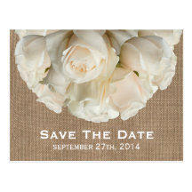 Burlap Inspired White Roses Save The Date Postcard