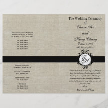 Burlap Linen Black Wedding Program Chic Monogram Flyer Design