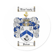BURNS FAMILY CREST -  BURNS COAT OF ARMS ROUND STICKER