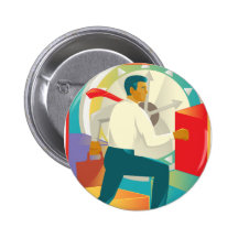 Businessman Officer Worker Clock Retro Pinback Button