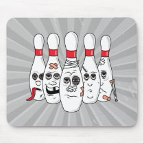 busted up injured bowling pins cartoon mouse pad