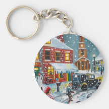 Busy street scene winter snow  Gordon Bruce art Keychains