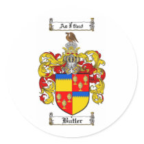 BUTLER FAMILY CREST -  BUTLER COAT OF ARMS ROUND STICKER