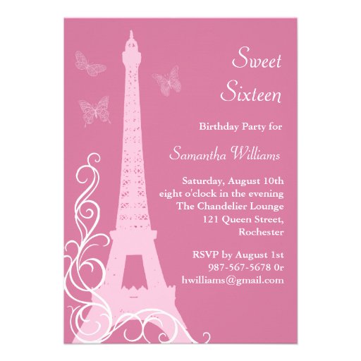 Butterflies in Paris Birthday Invite pink