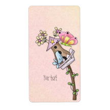 Butterfly and bird meeting at the birdhouse personalised shipping label