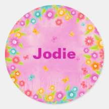 Butterfly and flowers party name stickers
