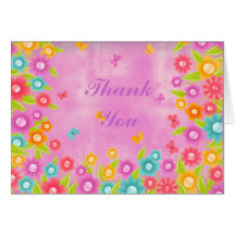Butterfly and flowers pink wash thank you card