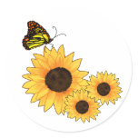 Butterfly and Sunflowers Round Stickers