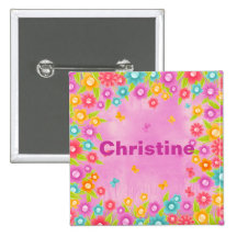 Butterfly flowers customizable name badges pinback buttons