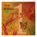 BUTTERFLY IN GOLD SPARKLES 2  First Birthday Party Invitation