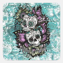Butterfly sugar skulls on blue wood base. square stickers
