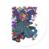 Butterfly Woman in Paisley Circled by Butterflies Round Stickers