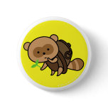 Button - TeaKettle Tanuki with Leaves - Yellow