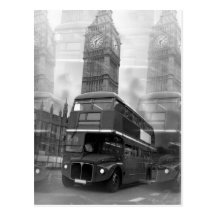 BW Black & White London Bus & Big Ben Postcard
