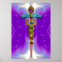 CADUCEUS AND 7 CHAKRAS , vibrant gold ametist Posters