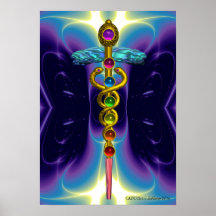CADUCEUS AND 7 CHAKRAS , vibrant gold ametist Print