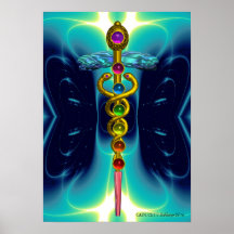 CADUCEUS AND 7 CHAKRAS , vibrant gold ametist Print