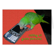 Calling All Green Parrot Greeting Cards
