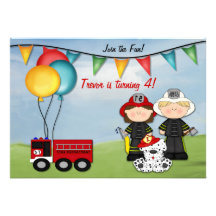 Camion de pompiers et petit anniversaire de pompie cartons d'invitation