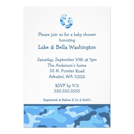 Camo Blue Baby Feet Shower Invitation