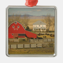 Canada, Alberta, Pincher Creek: Red Barn & Ranch Christmas Ornament