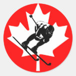 Canada flag downhill skier round stickers