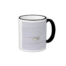 Canada, Quebec. Snowy owl flies low over snow. Coffee Mug