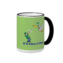 Canard de vol et bande dessinée de chasseur tasse à café