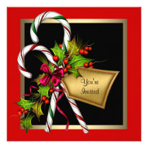 Candy Cane Holly Red Christmas Party Personalized Invitation