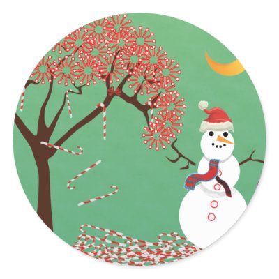 Candycane Tree with Snowman Round Sticker by samack