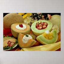 Cantaloupes and melons on cutting board with flowe print
