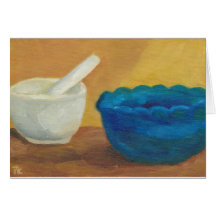 card mortar and pestle blue original oil painting