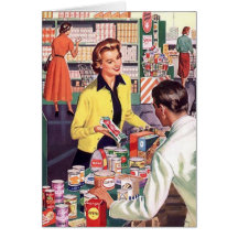 Card w/ Happy Lady at Check-out Grocery Store