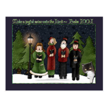 Carolers on a star filled night with cat card post card
