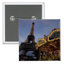 Carousel by the Eiffel Tower in the evening, Pinback Button