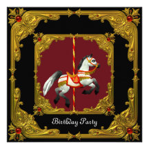 Carousel Horse Gold Red Black Regal Birthday Party Personalized Announcements